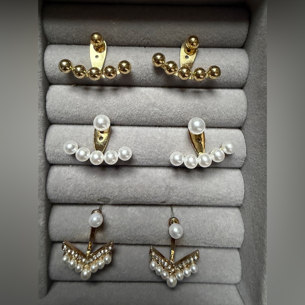 3-Pair Pearl & Gold Ear Jacket Set
